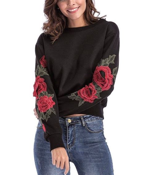 Women Sweatshirt Top Crew Neck Long Sleeve Floral Embroidered Pullover Sweater Black