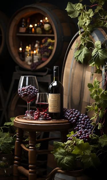 Premium AI Image | Wallpaper of Rolling Vineyard Grapevines Wine Barrel Chair Wine Bottles W ...