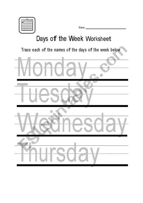 Trace Days Of The Week Worksheets