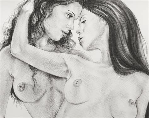 Lesbian Erotic Nude Women Charcoal Drawing Original Fine Art Wall Decor