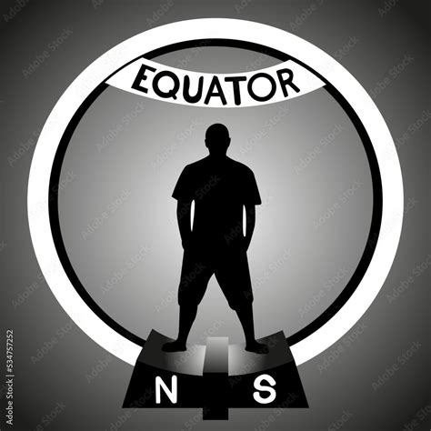 Silhouette of a man standing on the equator. Equator crossing sign ...