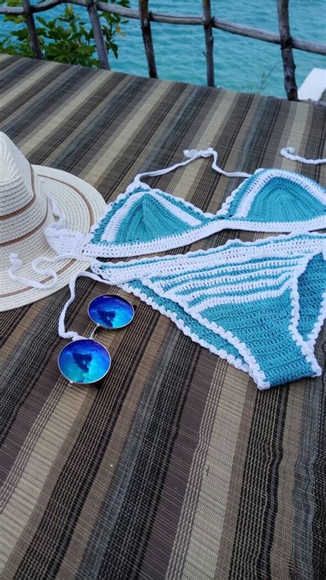 Turquoise Bikini Crochet Bikini Crochet Swimwear Sexy Swim Wear Cute Bikini Thong Bottom