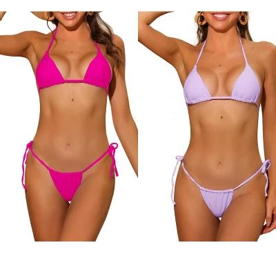 INSPIRE CHIC Women S Halter Tie Side Drawstring Thong Triangle Bottoms Basic Bikini Sets