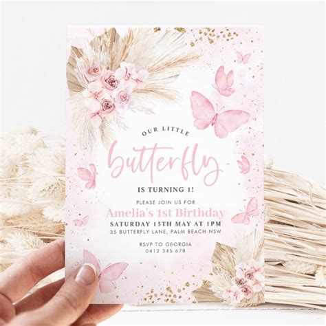 Pink Butterfly Boho Flowers 1st Birthday Floral Invitation | Zazzle ...