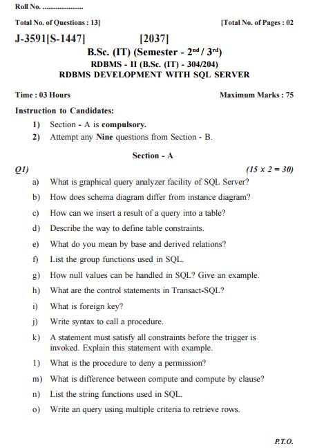 Rdbms Development With Sql Server University Of Calcutta 2010 Question Paper University