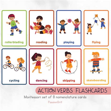 8 Action Verbs Nomenclature Flashcards Kids Education Etsy