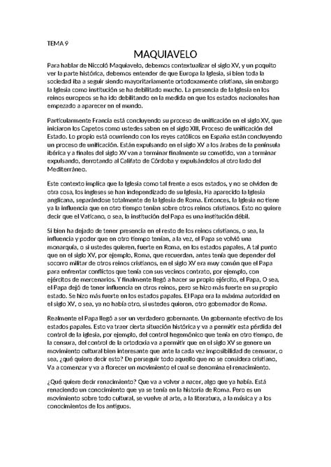 Tema 9: Maquiavelo y el Contexto Político del Siglo XV - Studocu
