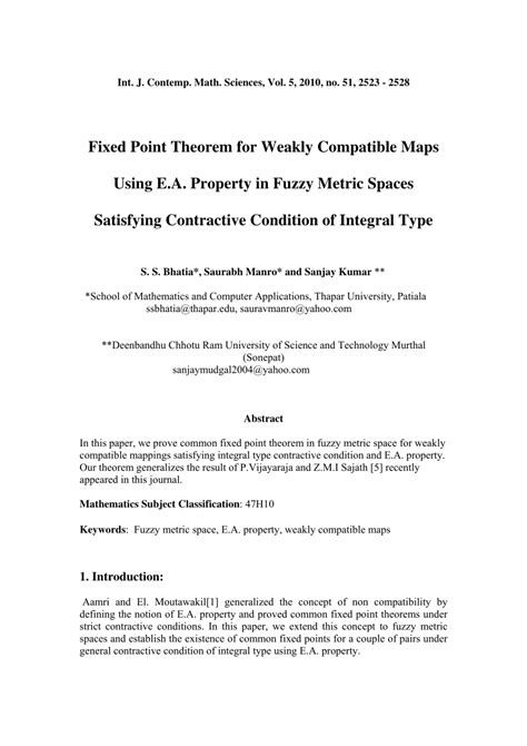 PDF Fixed Point Theorem For Weakly Compatible Maps Using E A