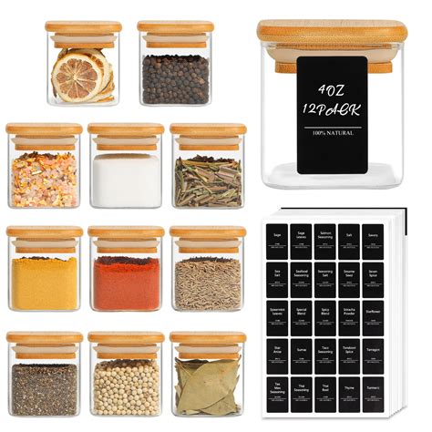 Comsaf 4 Oz Glass Spice Jars With Bamboo Lids Stackable Containers