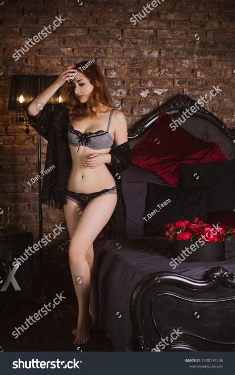 Sexy Redhead Woman Dark Lace Lingerie Stock Photo Shutterstock