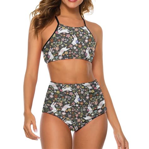 Easter Day Floral Bikini Swimsuit Sexy Rabbit Print High Waist Bikinis Set Two Piece Swimwear
