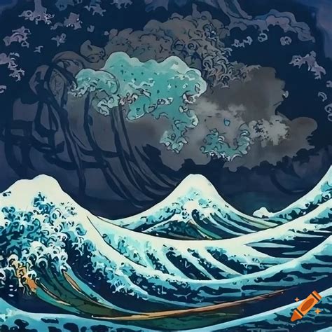 Ukiyo E Style Painting Of A Stormy Wave