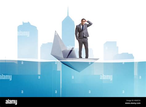 Businessman Escaping Sunken Paper Boat Ship Stock Photo Alamy