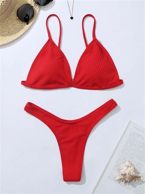 Shein Swim Summer Beach Mono Bikini Set Rib Knit Triangle Bra High