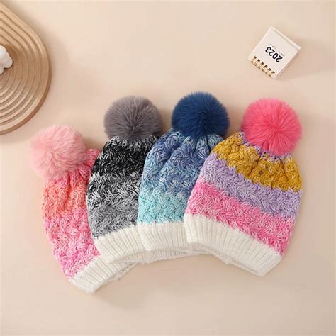 Badu.bg Зимна плетена шапка Детски вътрешни кадифени вълнени шапки с ...