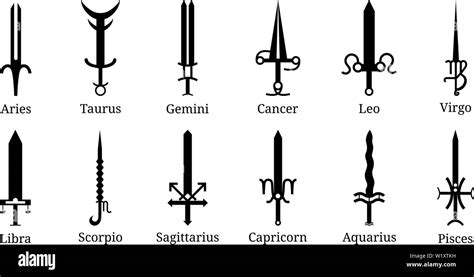 Set Of Zodiac Swords Icon Zodiacal Weapon Collection Aries Taurus