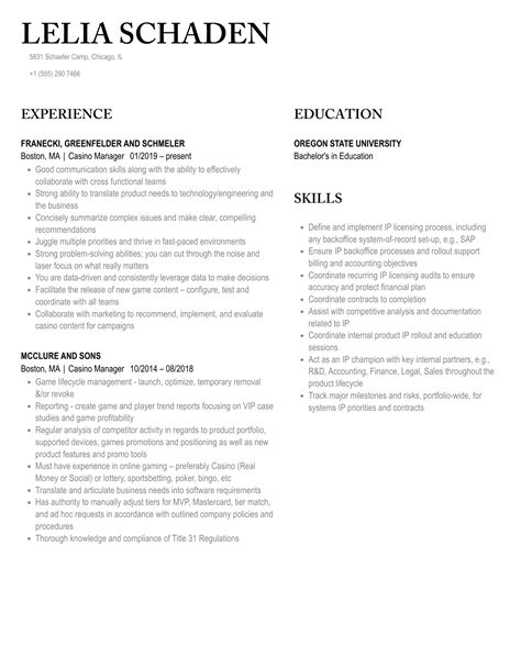 Casino Manager Resume Samples | Velvet Jobs