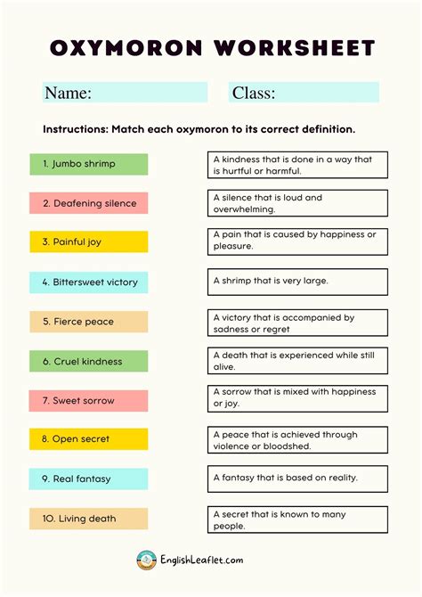 Oxymoron Worksheets With Answers Englishleaflet