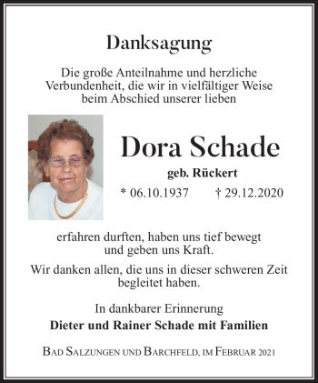 Traueranzeigen Von Dora Schade Franken Gedenkt De