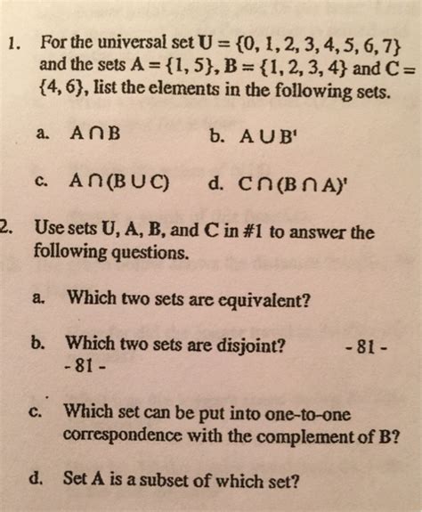 Solved For The Universal Set U {0 1 2 3 4 5 6 7 } And