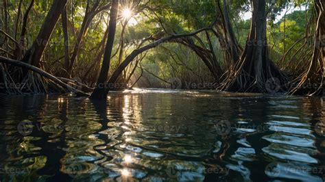 Serene mangrove forest with sunlight filtering through trees