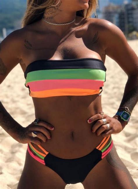 Dwuczęściowy góra tuba wzór paski prążki dół zabudowany paski plaża bikini strój kąpielowy