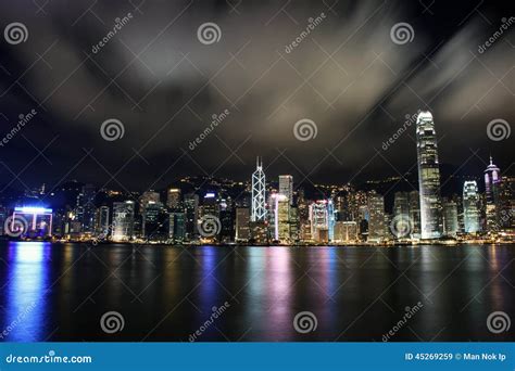 Night View With Reflection Of Victoria Harbour Hong Kong Editorial