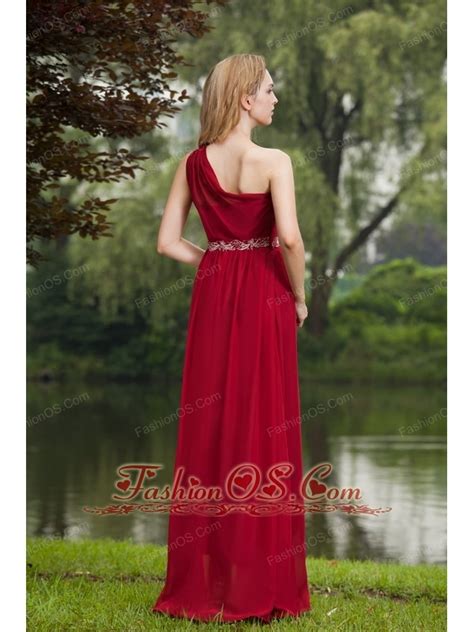 Wine Red Empire One Shoulder Floor Length Chiffon Beading Prom Dress