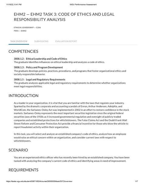 Wgu Performance Assessment Task Rubrik Ehm Ehm Task Code Of