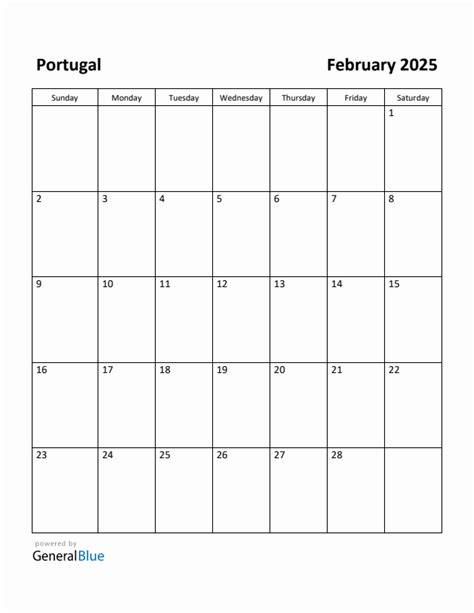 Free Printable February 2025 Calendar for Portugal