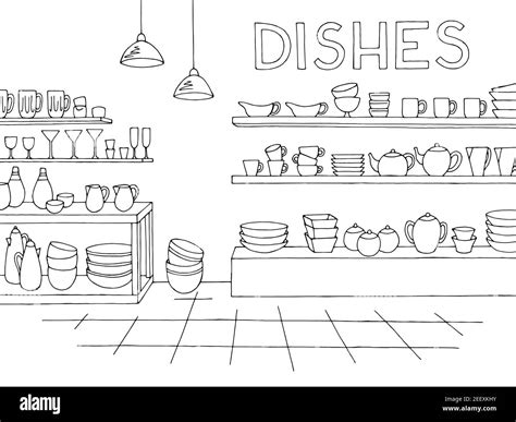 Platos Tienda Interior Negro Blanco Dibujo Ilustraci N Vector Imagen