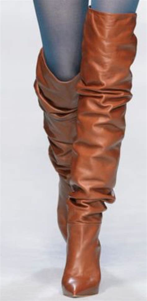 Slouchy Cognac Leather Boots Runway Fashion Boots Long Leather Boots