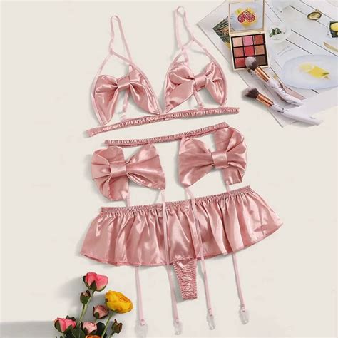 3pcs Sexy Underwear Set Women Satin Bowknot Bra Garter Sexy Lingerie