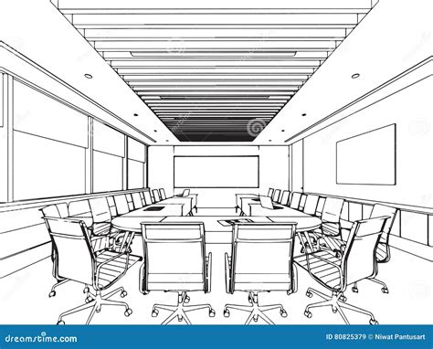 Interior Outline Sketch Drawing Perspective of a Space Office Stock Illustration - Illustration ...