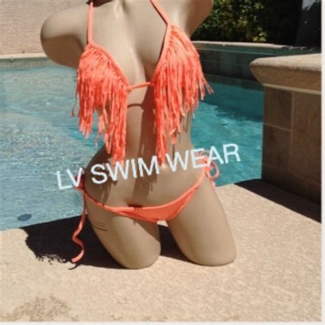 Swim Neon Orange Bright Orange Scrunch Butt Fringe Tassel Bikini