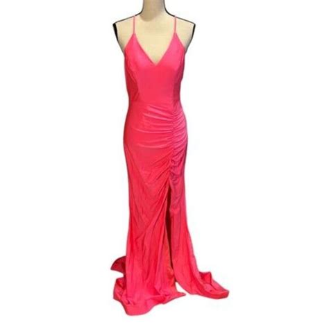 JVN By Jovani Dresses Jvn By Jovani Hot Pink Satin Ruched Cross Back High Slit Dress Poshmark