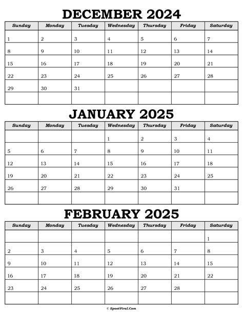 December 2025 January 2025 February 2025 Calendar Templates For Clair