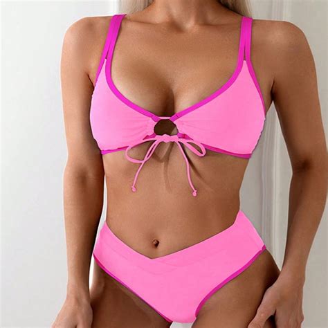 Generic 2025 New Pure Color Tied Sexy Split Swimsuit Women S High Grade Bikini Beach Swimsuit