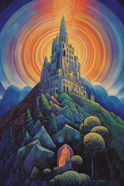 Premium AI Image | A painting of a castle on a hill with a sun behind it.