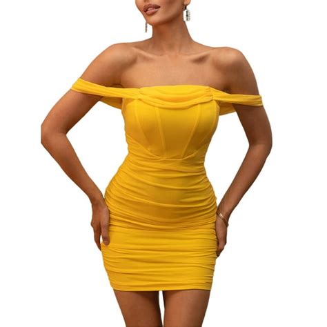 Women Off Shoulder Sparkle Corset Dress Short Sleeve High Waist Wrapped Ruched Party Cocktail