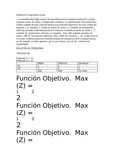 Problema de Programacion Lineal la compañía Word Light produce dos