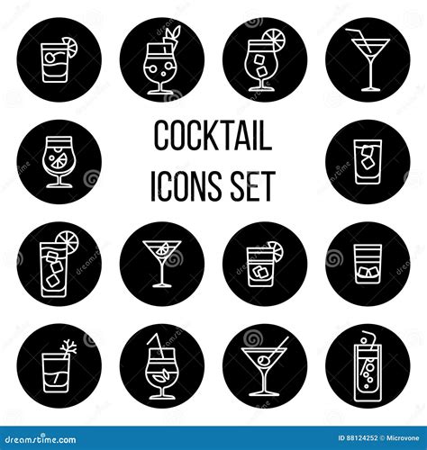 Cocktail Thin Line Vector Icons Set In Black And White Stock Vector