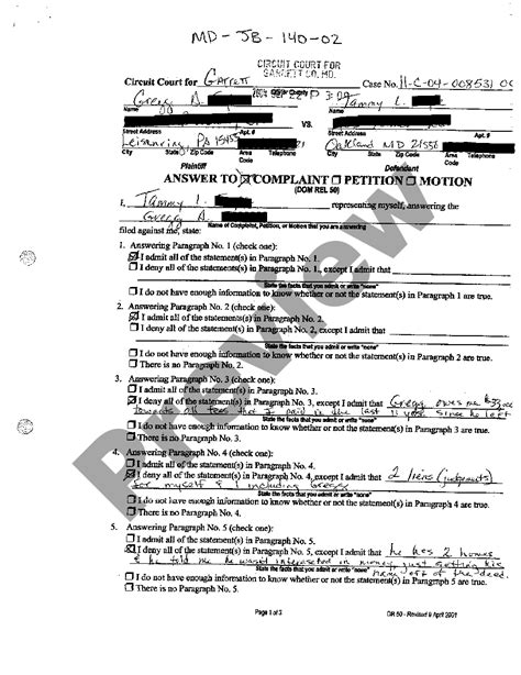 Maryland Answer To Complaint Pro Se Form With Two Points Us Legal Forms