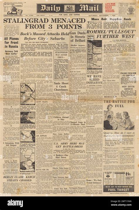 1942 Daily Mail Front Page Reporting Battle Of Stalingrad And North