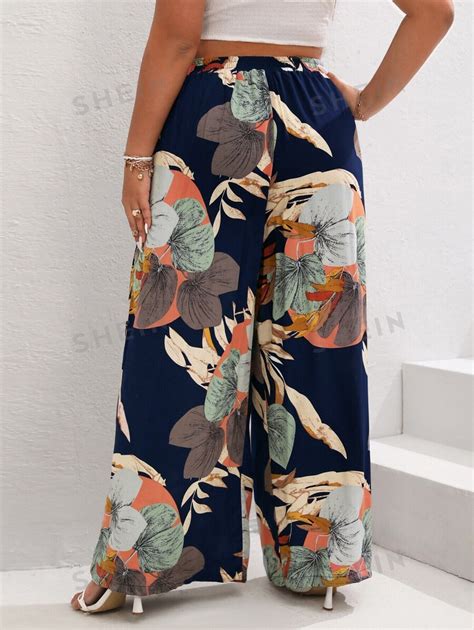 Shein Vcay Plus Tropical Print Tie Waist Wide Leg Pants Shein Usa