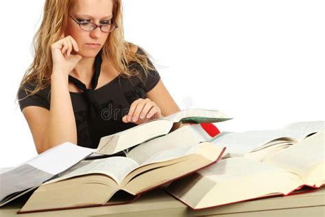 Blonde Girl Studying Between Big Books Stock Image Image Of Female Happy
