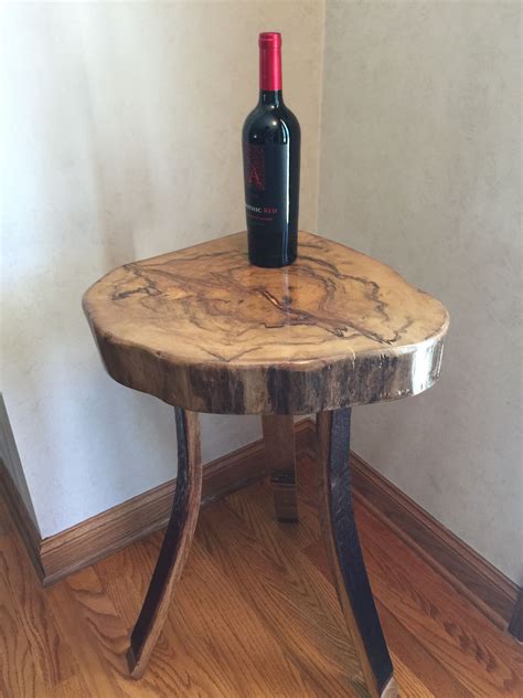 Hackberry Tree Slab Table Using Wine Barrel Oak Staves As Legs Wood Slab Table Slab Table