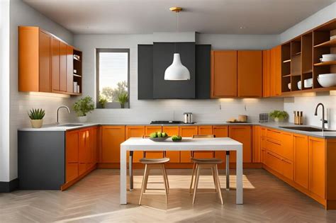 Premium AI Image A Kitchen With Orange Cabinets And A White Counter Top