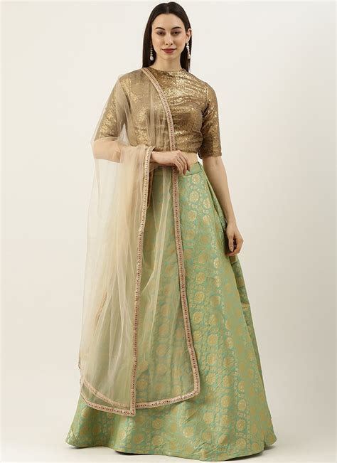 Buy Brown Sequin Embroidered N Green Brocade Lehenga Festive Wear