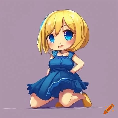 Chibi Blonde Hair Blue Eyes Large Head Tiny Body Sitting Crossed